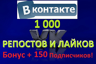 Продвижение Вконтакте 1 000 репостов+ 1 000 лайков + 150 подписчиков