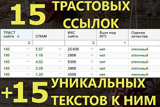 15 Жирных Ссылок с трастовых сайтов + 15 уникальных текстов к ним