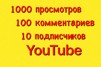 1000 просмотров YouTube 100 комментариев 10 подписчиков