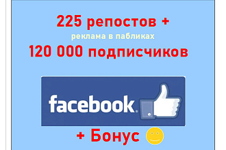 225 репостов и реклама в активных группах 120 000 подписчиков Фейсбук
