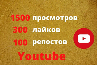 1500 просмотров, 300 лайков, 100 репостов видео Youtube Ютуб