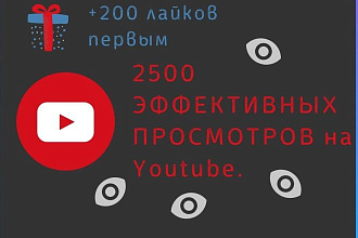 2500 эффективных просмотров на Youtube первым покупателям +200 лайков