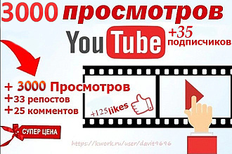 3000 просмотров + бонус - 125 лайков,25 комментариев+ подписчики