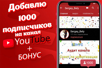 Добавлю 1000 подписчиков на канал Ютуб YouTube + Бонус