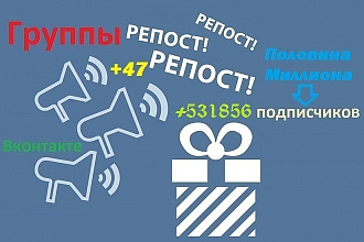 Ваши Репосты в наших 47 группах ВКонтакте, Аудитория 531 856 подписчиков