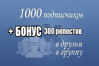 1000 подписчиков в ВК в группу или страницу +Бонус 300 репостов