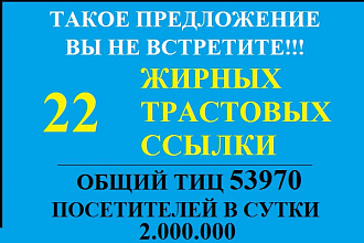 Размещу 22 вечные жирные трастовые ссылки с общим ТИЦ 53970 + бонус