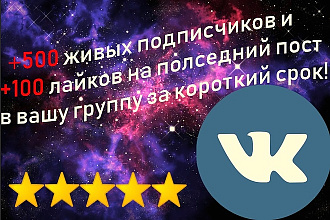 500 живых подписчиков + 100 лайков на последний пост в вашу группу Вк