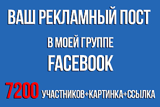 Размещу рекламный пост в моей группе Facebook с 15600 подписчиками