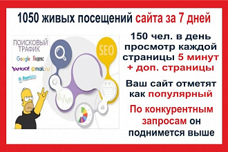 1050 Живых посещений сайта, за 7 дней, просмотр каждой страницы 5 мин