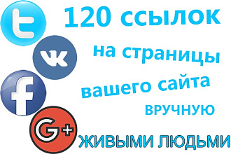 120 ссылок на ваш сайт из ВК FB TW G+. Только живыми людьми и вручную