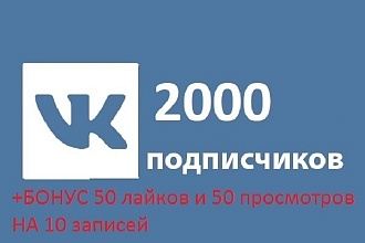 2 000 Подписчиков в группу ВК+50 лайков и 50 просмотров на 10 записей