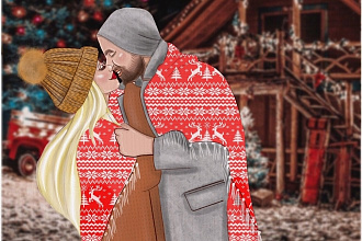 Праздничная открытка для пары в стили мультик