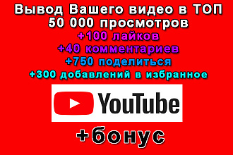 Вывод в ТОП Вашего видео в Ютуб-Вип пакет 50 000 просмотров+бонус