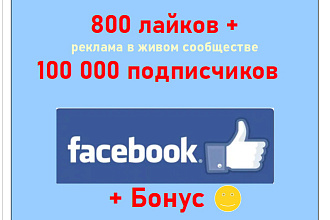 800 лайков и размещение в сообществе 100 000 подписчиков Facebook