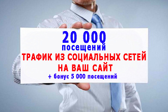 Трафик из соцсетей 20 000 посещений Вашего сайта+бонус 5 000 переходов