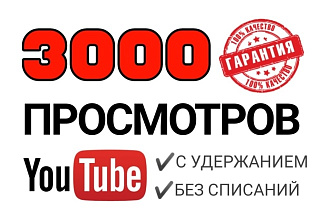 3000 просмотров YouTube от реальных людей. Безопасно, Гарантия
