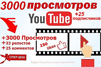 3000 просмотров + Бонус 150 лайков, 25 комментариев, 25 подписчиков