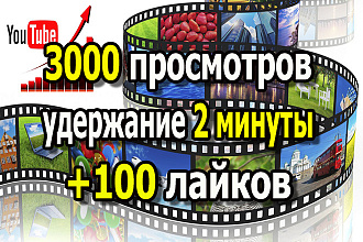 3000 просмотров с удержанием 2 минуты в Ютуб + 100 лайков в подарок