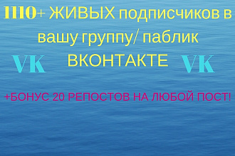 1110+ живых подписчиков в вашу группу ВК +бонус