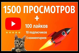 YouTube -1500 просмотров, 100 лайков, 10 подписчиков, 5 комментариев
